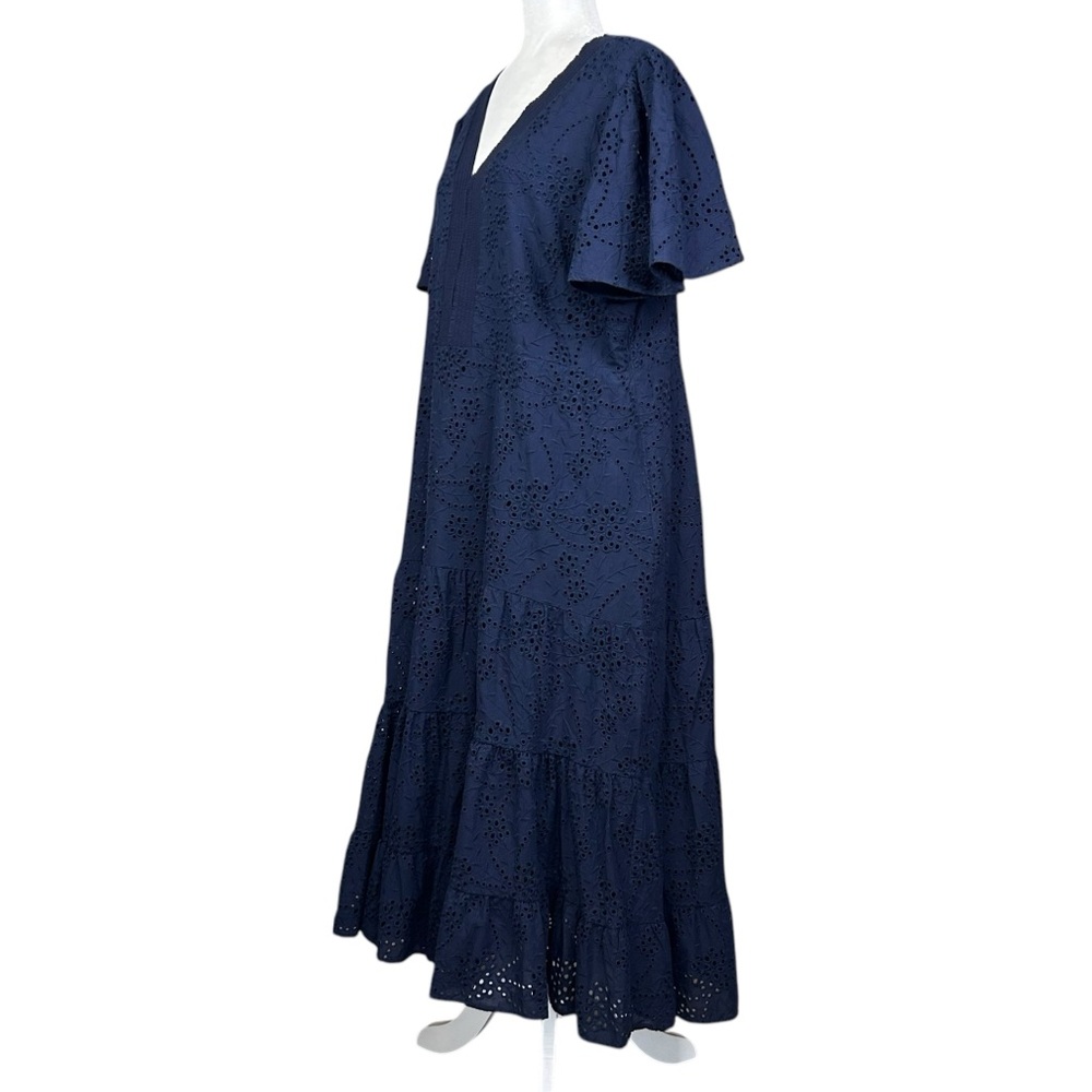 Chico's Navy Eyelet V-Neck Tiered Midi Dress - Picture 6 of 15